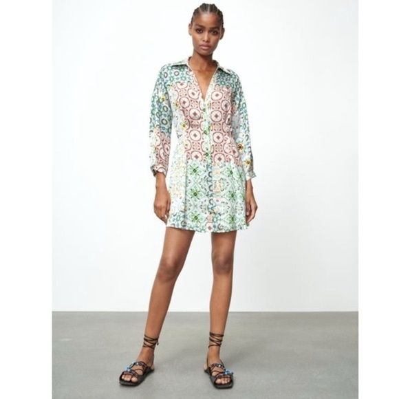 Zara Dresses & Skirts - Zara Mixed Print Shirt Dress Mini Multicolor Floral Geometric Button Front XL